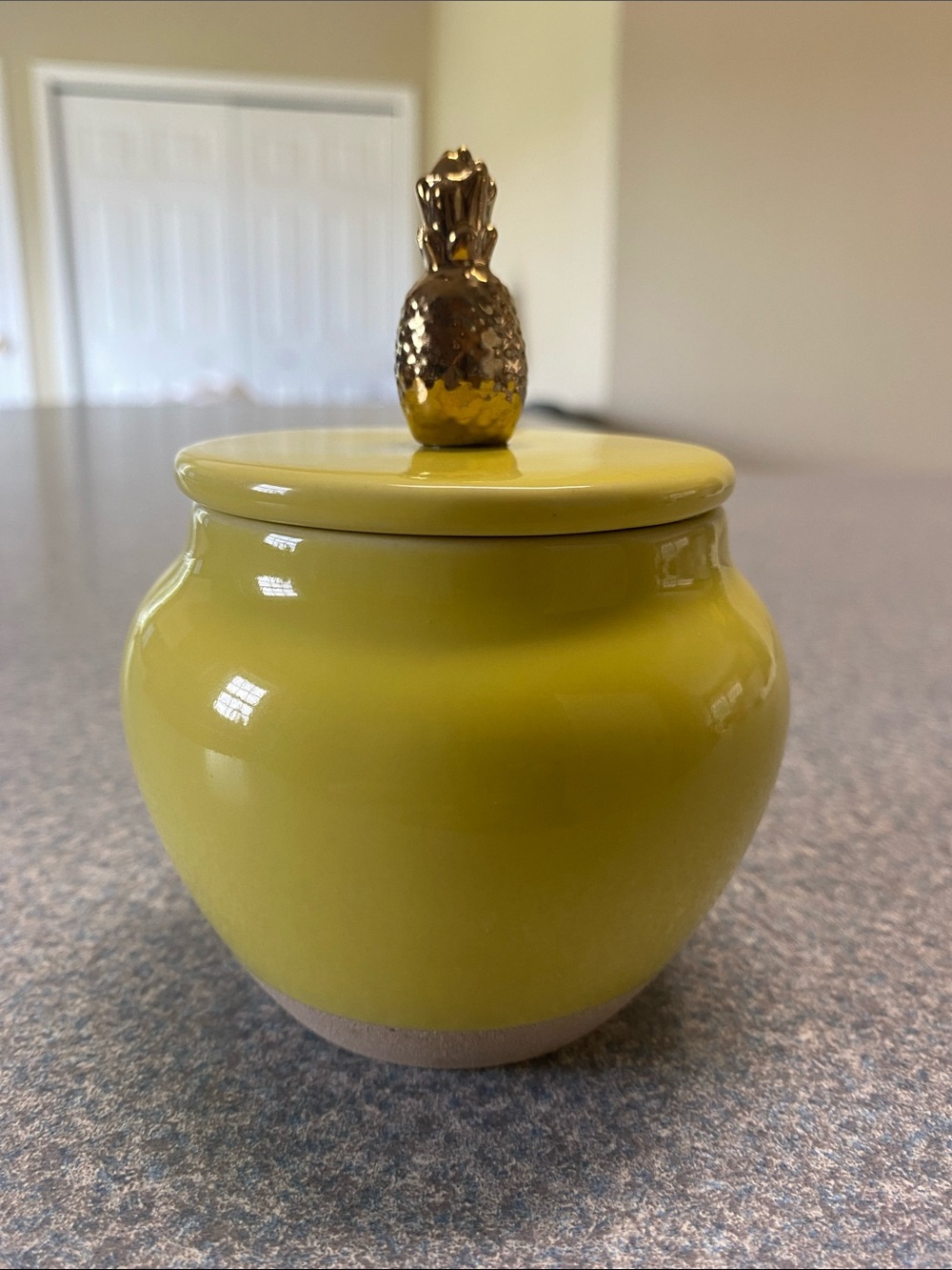 Yellow Ceramic Jar with Gold Pineapple Lid - Decorative Accent